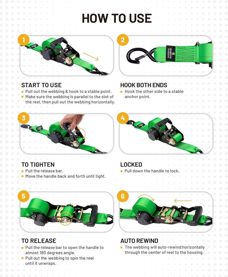 Strapinno Retractable Ratchet Tie-Down Straps,5,000 lbs Breaking Strength- 2 in x 12 ft Heavy Duty Ratchet Strap with Safety Lock S Hooks for Motorcycles, ATVs, UTVs, Lawn Equipment & Cargo (Green) - Image 4